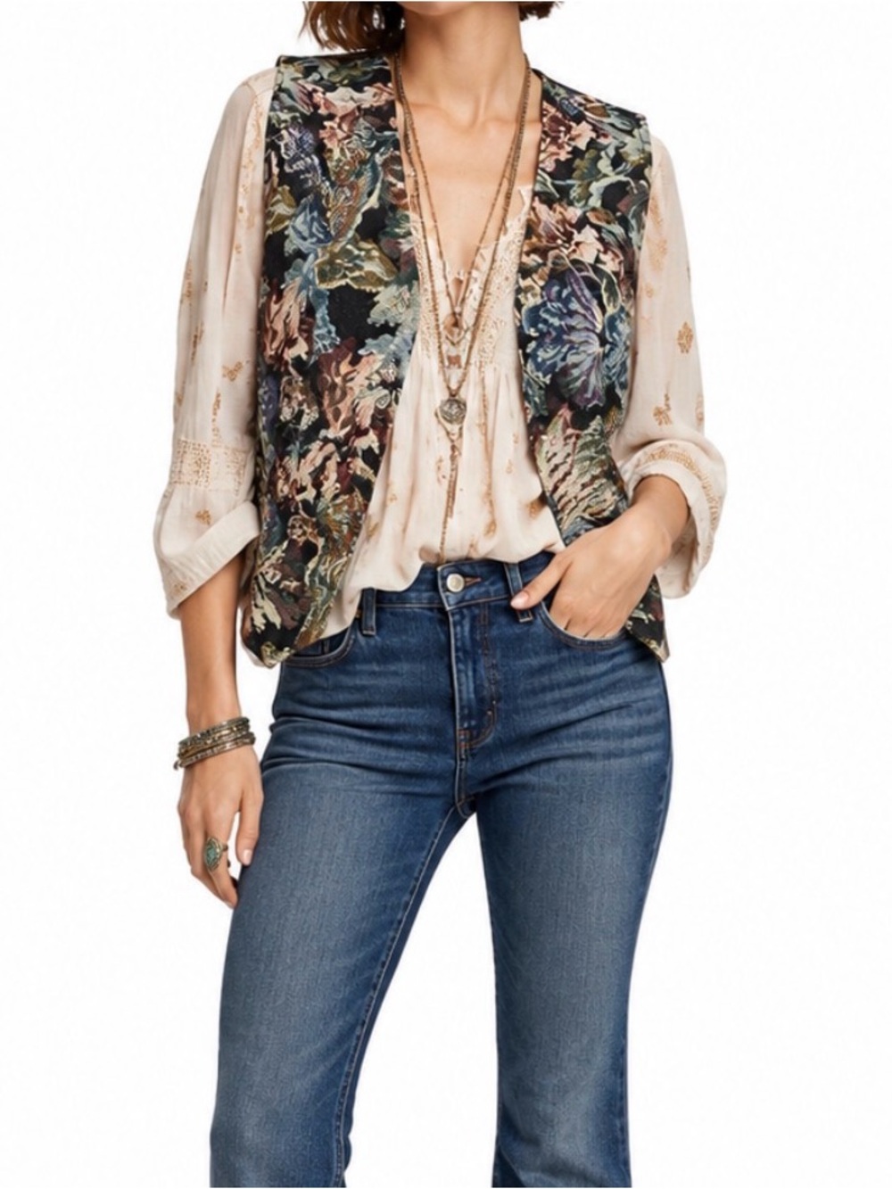 Backroad Blues Oversized Floral Tapestry Vest Cotton Blend Button Front USA L